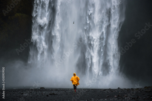 Tourist wearing a yellow raincoat walks from the Skogafoss waterfall in Iceland