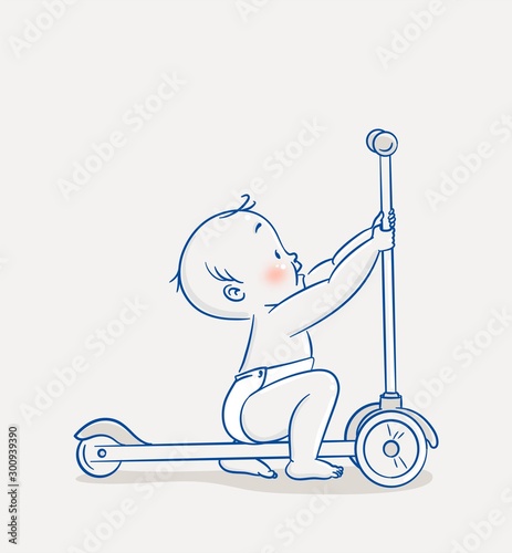 Cute Baby Boy Learning To Ride a 3 Wheel Scooter. Cartoon vector illustration