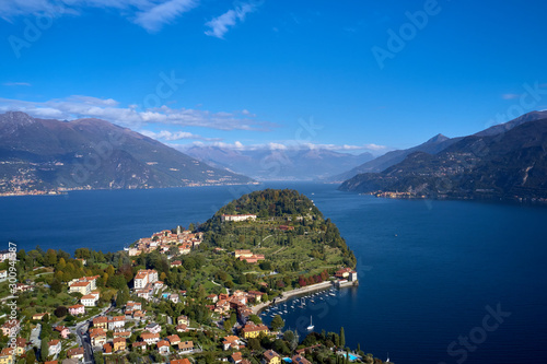 Panoramic view of Lake Como, the city of Bellagio. Aerial view. Autumn season