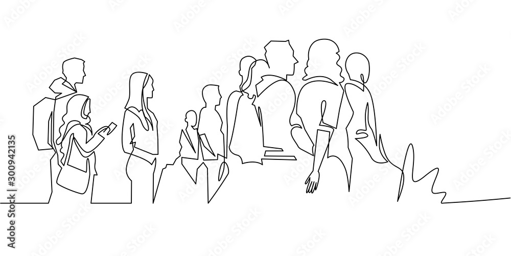 Group of people continuous one line vector drawing. Crowd standing at concert, meeting.