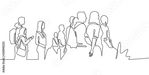 Group of people continuous one line vector drawing. Crowd standing at concert, meeting.
