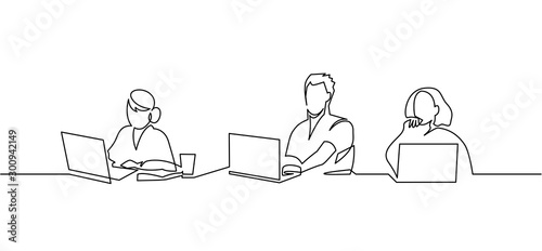 Group of people working continuous one line vector drawing. Students preparing to exams