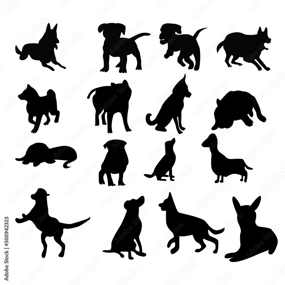 Set of dog Silhouette collection vector illustration with many style from running,sitting,standing and the other. dog isolated on white background