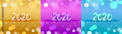 2020 new year celebration background with realistic glow bokeh and glitter, colorful neon 3d lettering illustration vector collection