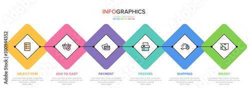 Concept of shopping process with 6 successive steps. Six colorful graphic elements. Timeline design for brochure, presentation, web site. Infographic design layout.