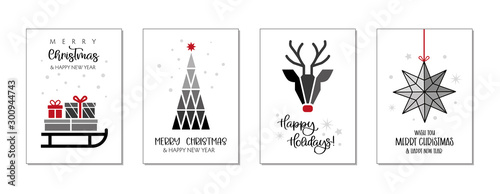 Set of christmas and happy new year greeting cards. Four Vector Illustrations postcards with lettering calligraphy decorative ornament elements