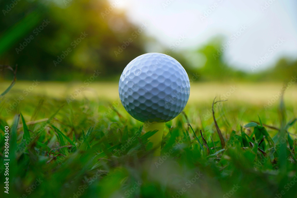 Golf ball on tee in beautiful golf course Golf ball on tee in beautiful golf course