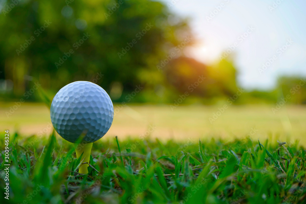 Golf ball on tee in beautiful golf course Golf ball on tee in beautiful golf course