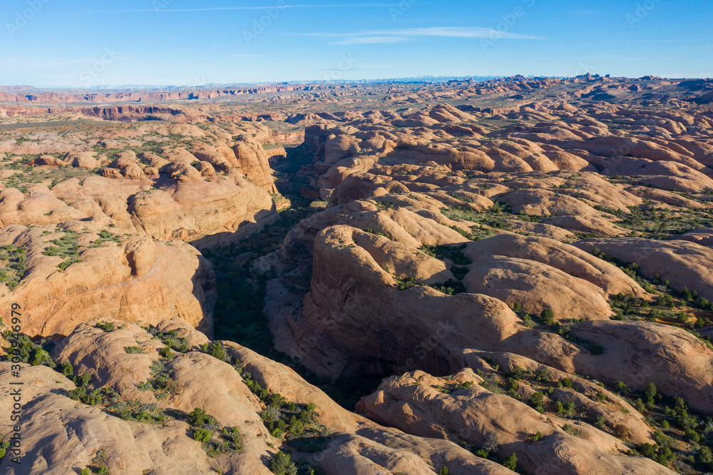 Aerial drone view of the landscape in Moab, Utah
