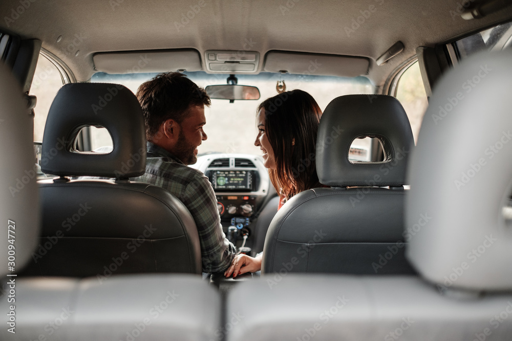 Happy Traveling Couple Together Enjoying Road Trip, Vacation Concept, Holidays Outside the City, Two Cheerful People