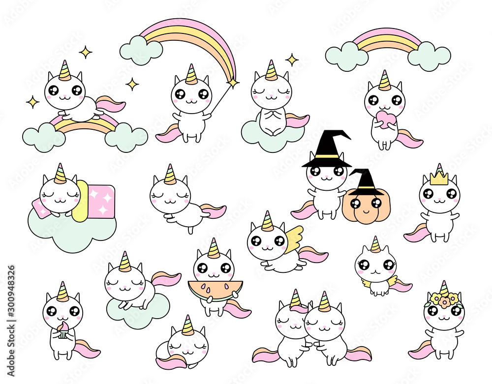 Cat unicorn, rainbow and clouds, cute kawaii vector illustration set of happy cartoon character isolated on white.
