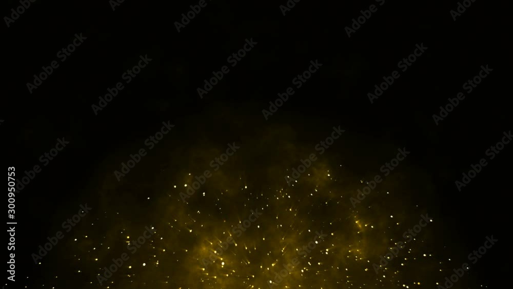 Abstract gold light particles floating on black space night background. Realistic 3d golden glitter dust or holiday firework explosion effect for festive concept with tilt camera. Loopable 4k animatio