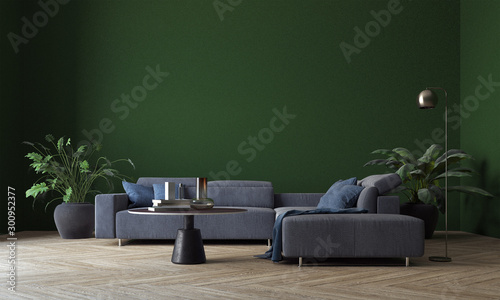 Fototapeta Naklejka Na Ścianę i Meble -  Modern deign of interior living room and green wall pattern texture background 
