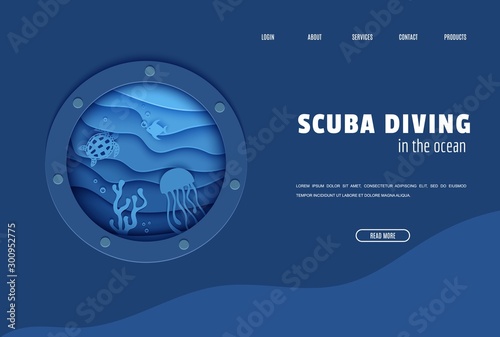 Web page design template in paper cut style underwater ocean underwater view through cave porthole. Coral reef seabed fish in algae waves. Vector paper craft diving World Water Day website concept.