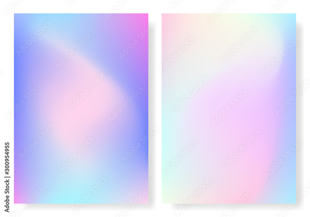 Hologram foil cover. Holographic set of gradient backgrounds. Rainbow retro texture. Trendy colorful template for poster, brochure, flyer or web. Iridescent wallpaper. Vector illustration