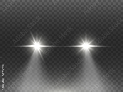 Car lights effect on dark transparent background. Realistic headlights concept. Automobile white flares isolated. Bright car beams at night. Auto rays on road. Vector illustration