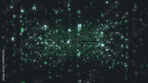 Artificial intelligence concept background as motion in the searching stream of human portraits connected by dark green network grid in social network. 3D rendering 4K