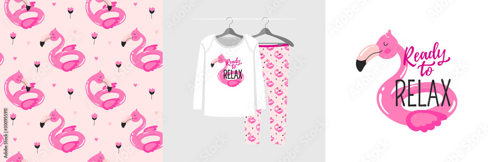 Obraz premium Seamless pattern and illustration for kid with flamingo and quote Ready to relax