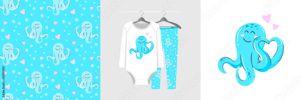 Seamless pattern and illustration for kid with enamored octopus Seamless pattern and illustration for kid with enamored octopus