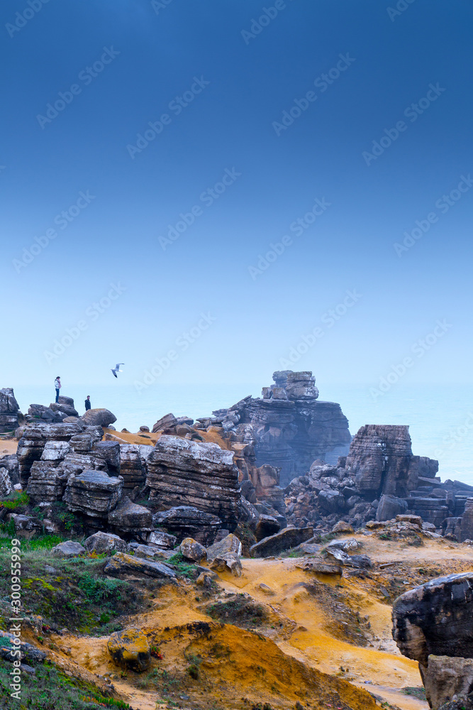 Naklejka premium A huge ocean waves breaking on the coastal cliffs in at the cloudy stormy day. Breathtaking romantic seascape of ocean coastline. Peniche, Portugal.