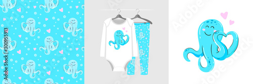 Seamless pattern and illustration for kid with enamored octopus