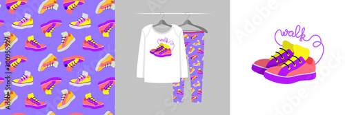 Seamless pattern and illustration for kid with teenage sneaker shoe