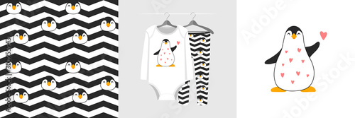 Seamless pattern and illustration for kid with penguin and hearts