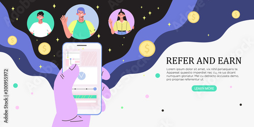 Refer a friend concept with cartoon hands holding a phone with a list of friends contacts or accounts. Refferal marketing or e-commerce banner, landing page template, web, poster, ui, banner, flyer.
