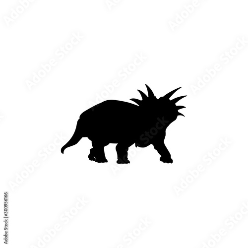 Triceratops, Ornithischian dinosaur, Cute dinosaur black silhouette isolated on white background, Stencil. Huge fossil dinosaur