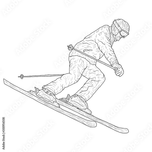 Mountain slalom skier silhouette sketch on white background