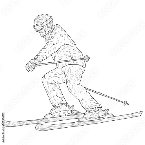 Mountain slalom skier silhouette sketch on white background