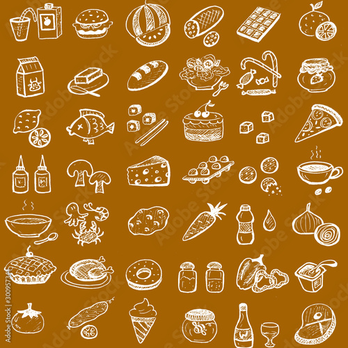 Seamless pattern with white shapes of food and drinks