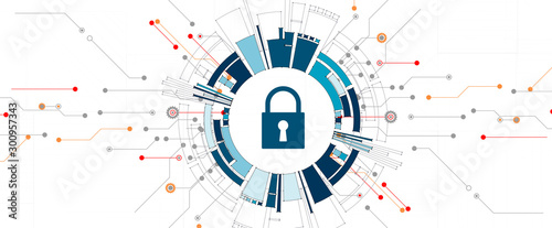 internet digital security technology concept for business background. Lock on circuit board