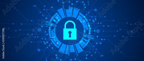 internet digital security technology concept for business background. Lock on circuit board