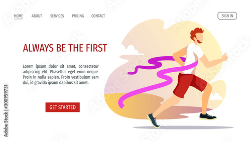 Web page design template for Running, Marathon, Sport, Winner, Success, Finish, Healthy lifestyle. Runner crossing the finish line. Vector illustration for poster, banner, placard, website, flyer.