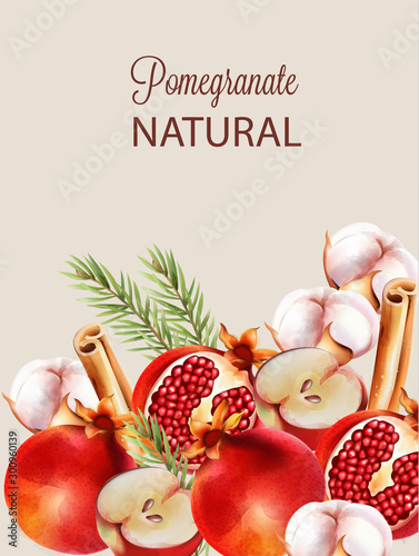 Natural red half sliced pomegranate with christmas ornaments. Cinnamon sticks...