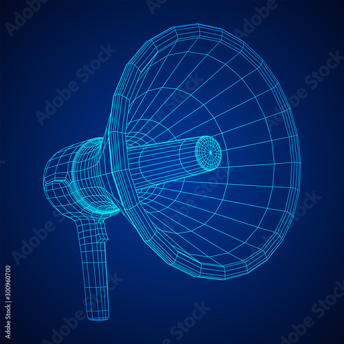 Megaphone or bullhorn for amplifying voice for protests rallies or public speaking. Wireframe low poly mesh vector illustration