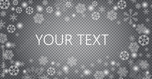 Snow is falling for christmas banner. Tracery snowflakes in different shapes are isolated on transparent background.