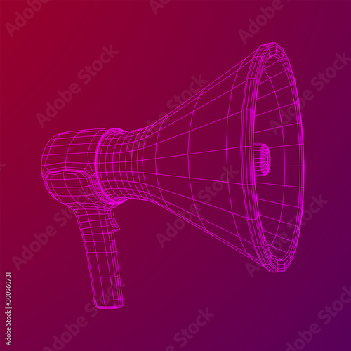 Megaphone or bullhorn for amplifying voice for protests rallies or public speaking. Wireframe low poly mesh vector illustration