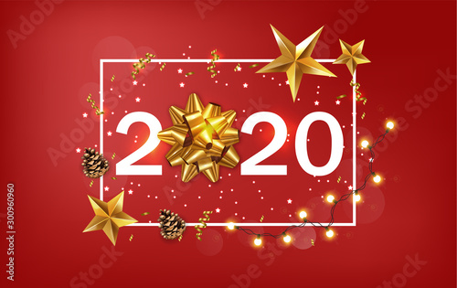 New Year 2020 banner with golden stars and ribbon. Warm light fairy lights and red background. Vector