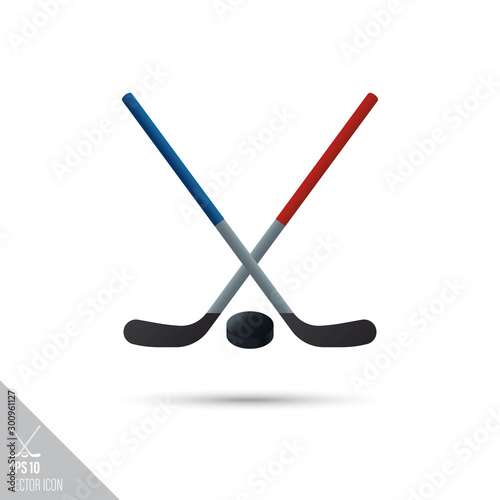 Ice hockey sticks and puck smooth vector icon. Sports equipment symbol.
