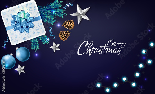 Christmas panoramic banner with wrapped gift boxes, pine tree leaves, baubles...