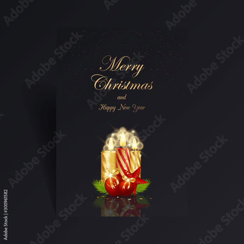 Merry Christmas and Happy New Year gift brochures with candles, xmas tree branches and etc. on dark background