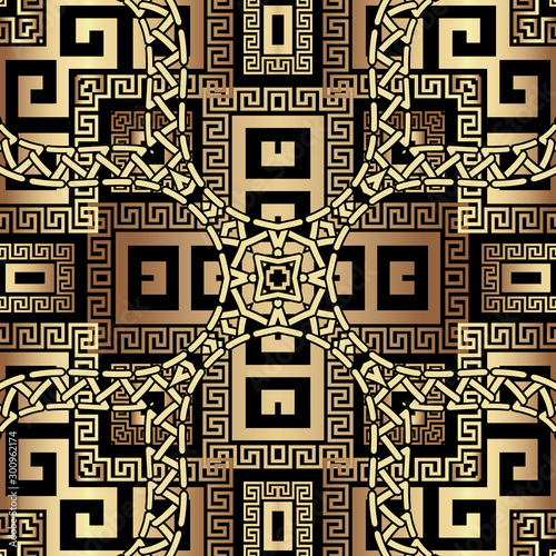 Greek ornamental geometric gold 3d seamless pattern. Vector elegant ethnic tribal style background. Surface repeat decorative backdrop. Beautiful golden greek key meanders ornament with ornate decor.