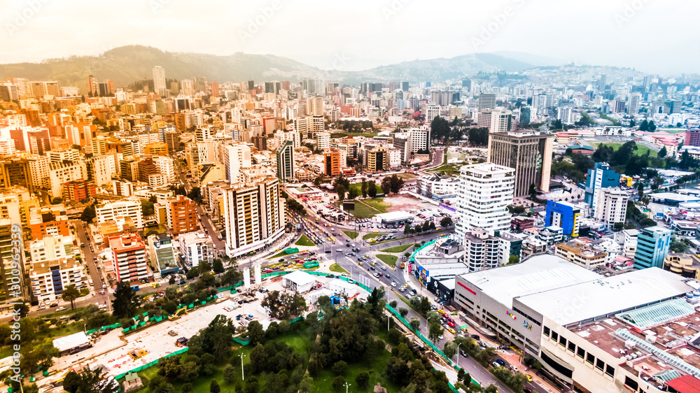 Fototapeta premium Aerial Shot of north of Quito Ecuador, cloudy day