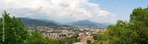 Beautiful buildings on the hills. Bergamo. Beautiful, panoramic view. Journey to Italy. Green Summer Landscape. 