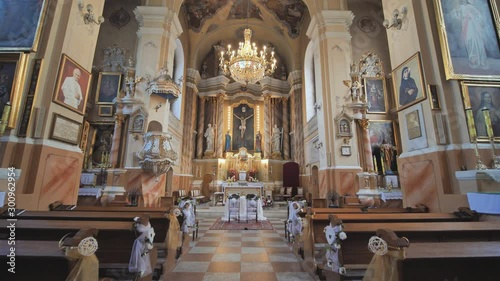 The interior of the catholic church. Video on the move.