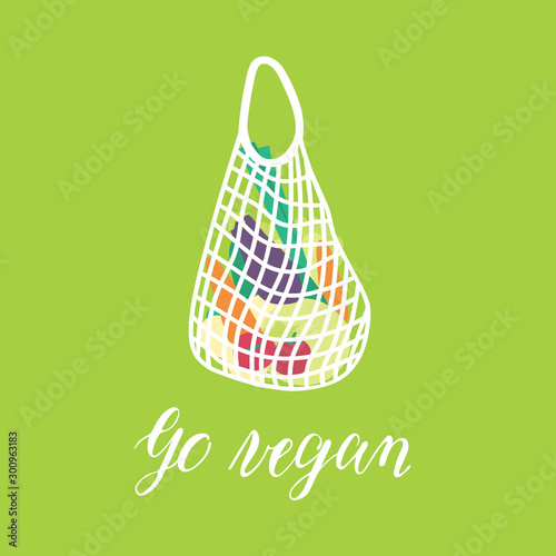Go vegan text on green background with hand made knitted bag. Slogan. Flat vector illustration of vegetables in pocket from market. Free hand calligraphy. Lettering.