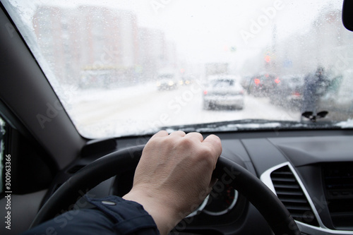 Snowfall.Driving in winter on ice under difficult conditions.