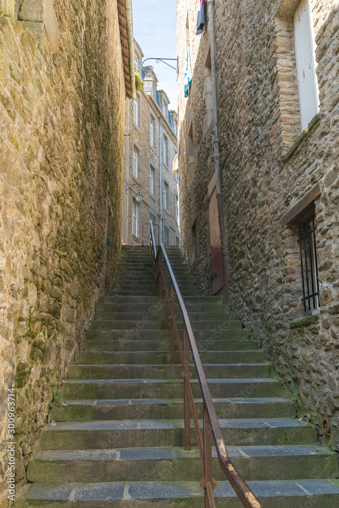 long stone stairs and historic Norman stone houses in the Saint-Malo Intra-Muros Neighboorhood